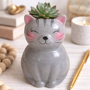 Hazel & Co. Gray Cat Ceramic Planter / Vase – Cute Kitty Decor